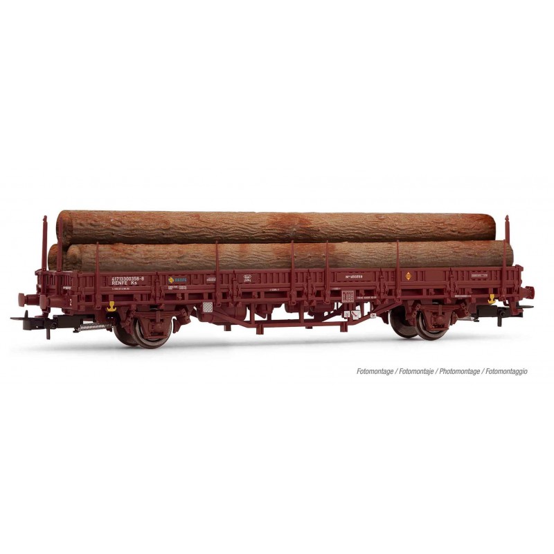 RENFE, M1 wagon, loaded with logs. RENFE, M1 wagon, loaded with logs.