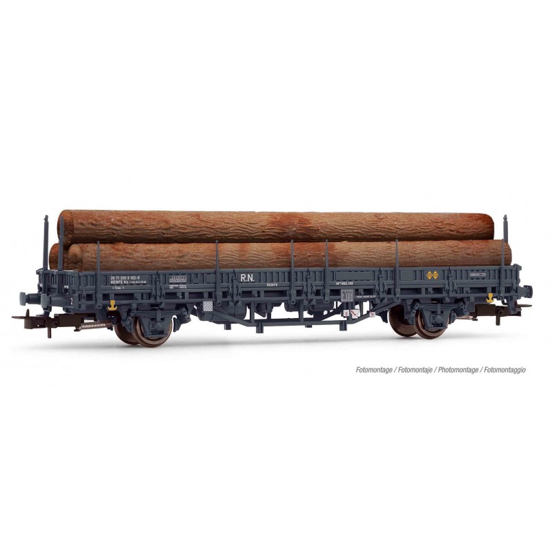 Vagón plataforma tipo M1, RENFE. Carga de troncos.