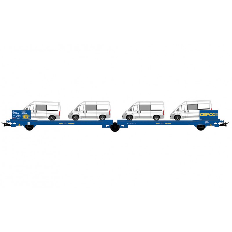 Flat car “GEFCO”. For industrial vehicles. Loaded with vans. Flat car “GEFCO”. For industrial vehicles. Loaded with vans.