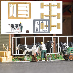 Scène rurale : vétérinaire avec vache.