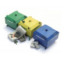 Glass and paper recycling containers.