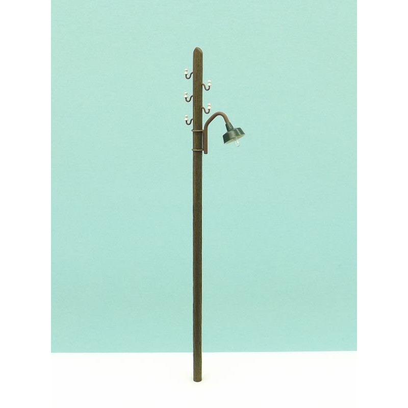 Poste de madera con luz y tendido.
