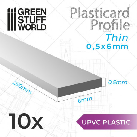 10 uPVC Plasticard thin 0.5x6mm.