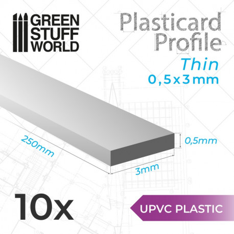 10 uPVC Plasticard thin 0.5x3mm.