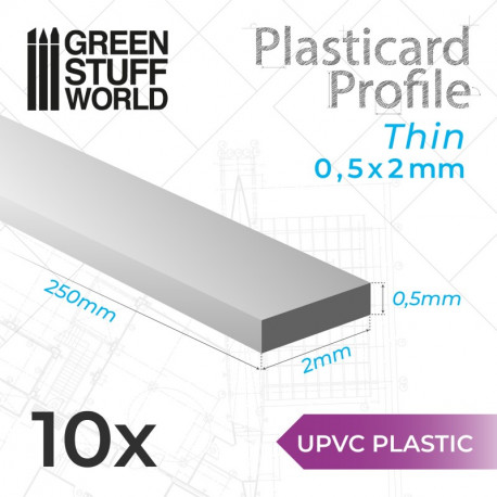 10 uPVC Plasticard thin 0.5x2mm.