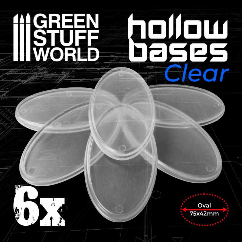 Hollow plastic bases transparent oval, 75x42 mm (x6). Hollow plastic bases transparent oval, 75x42 mm (x6).