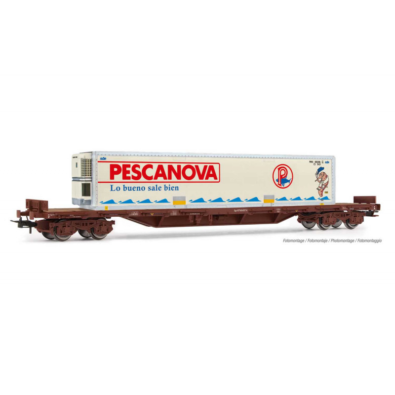 Vagón plataforma con contenedor Pescanova, RENFE. Vagón plataforma con contenedor Pescanova, RENFE.