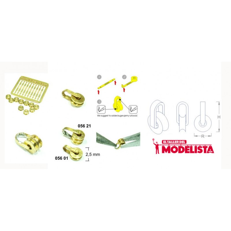 Brass single pulley (x10). 4,3 mm. RB 056-01 Brass single pulley (x10). 4,3 mm. RB 056-01