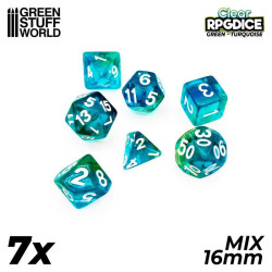 Dés de 16 mm, vert - turquoise.