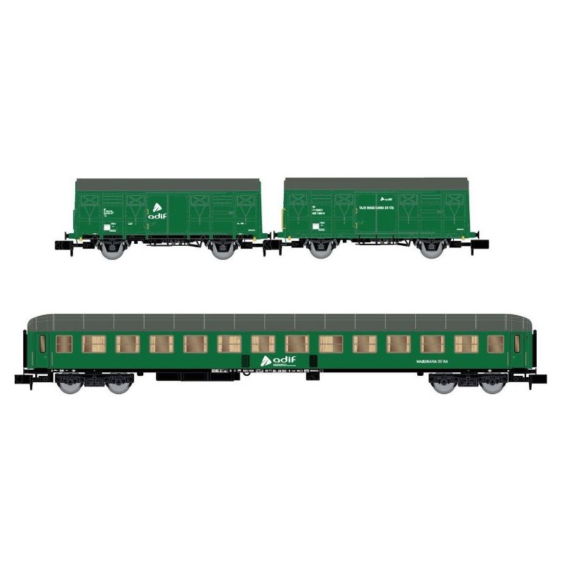 Set de 2 vagones cerrados J2 y 1 coche SSV-500. ADIF.