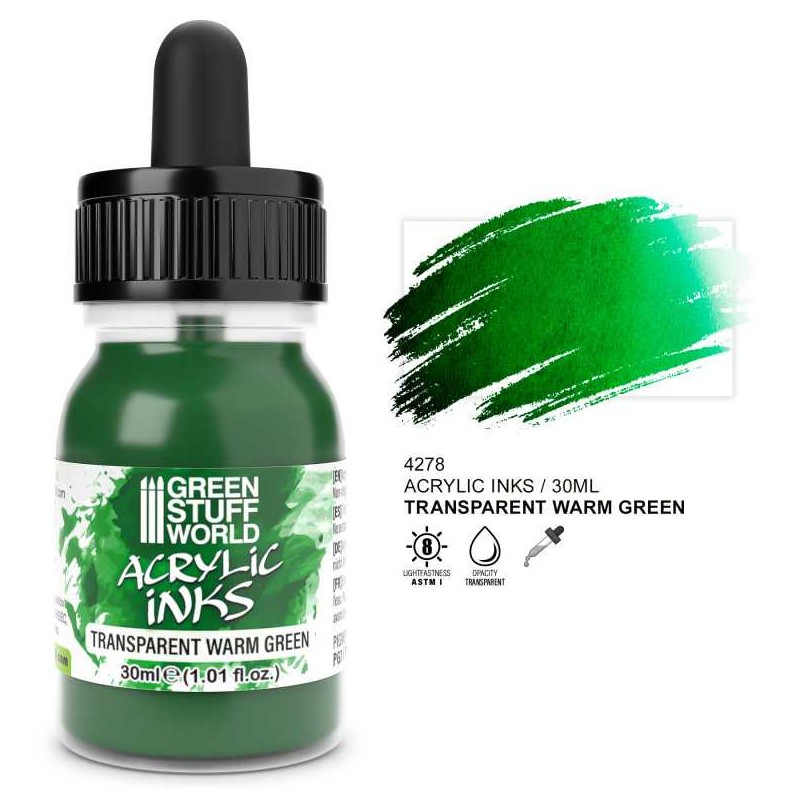Tinta acrílica transparente verde cálido, 30 ml.