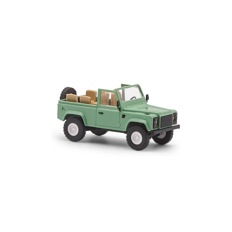 Land Rover Defender 90, descapotable abierto, verde.