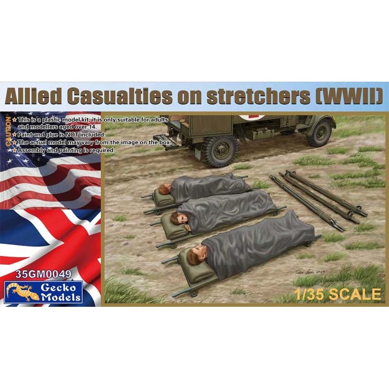 Allied casualties on stretchers.