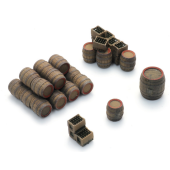 Wooden beer barrels.